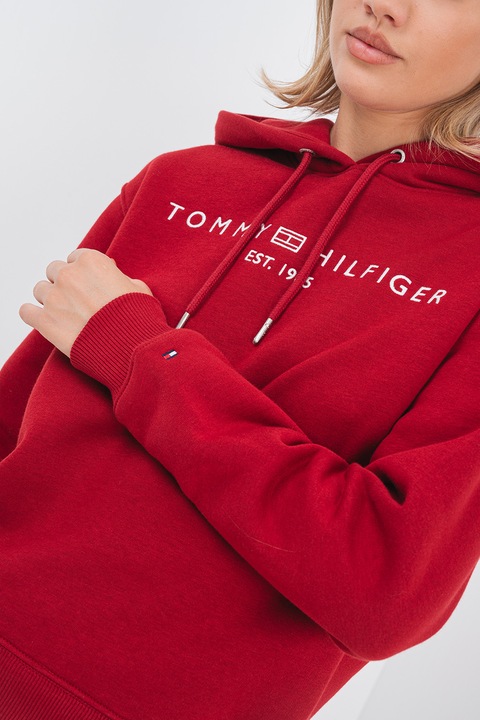 Tommy Hilfiger, Hanorac lejer cu snur de ajustare si broderie logo, Rosu