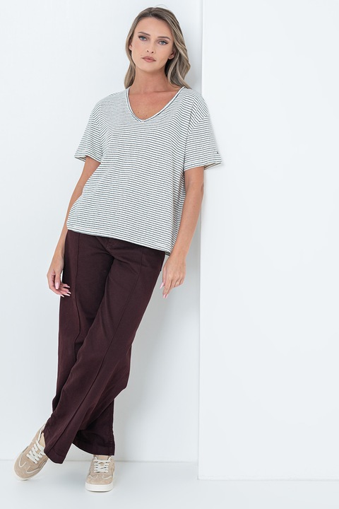 Tommy Hilfiger, Tricou lejer din amestec de in cu model in dungi si decolteu in V, Negru/Alb murdar