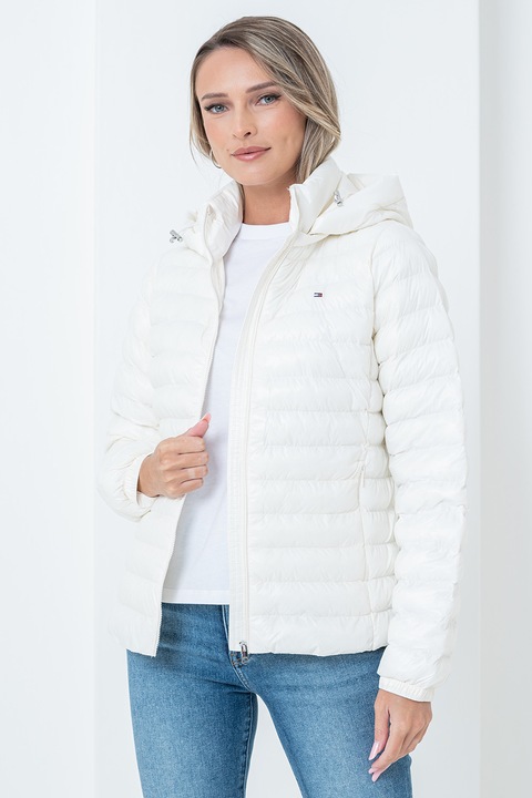 Tommy Hilfiger, Jacheta cu finisaj rezistent la apa si fermoar, Alb, S