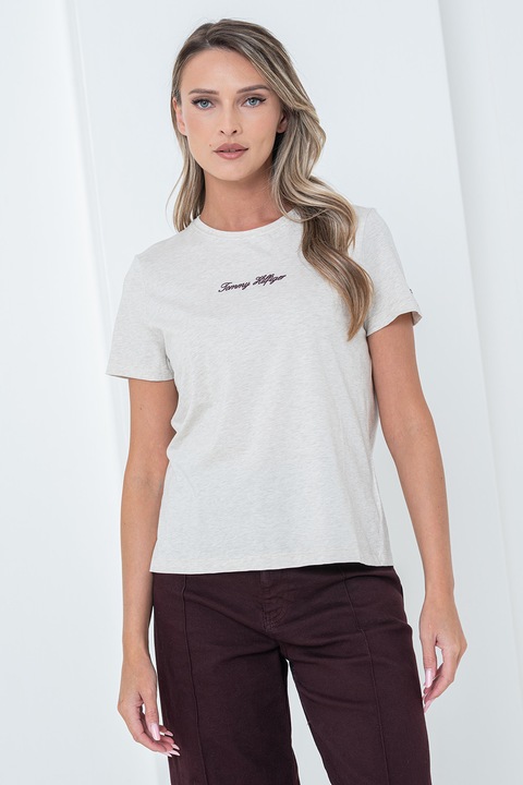 Tommy Hilfiger, Tricou cu decolteu la baza gatului si imprimeu logo, Gri deschis melange