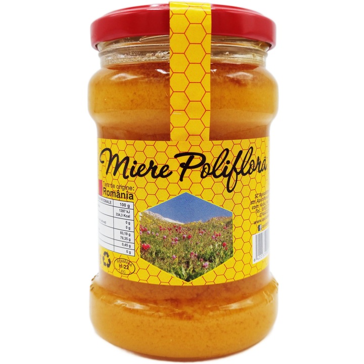 Miere poliflora pura autentica romaneasca, 100%naturala fara adaosuri, borcan sticla, 400g, Stupina Apisalecom