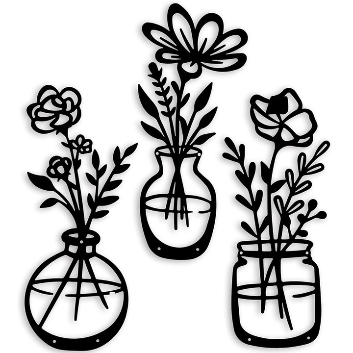 Set 3 decoratiuni perete flori metalice Yisynim negru 30x12.7cm