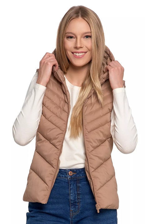 Vesta scurta matlasata dama, cu gluga, Moraj, poliester, bej, XL INTL