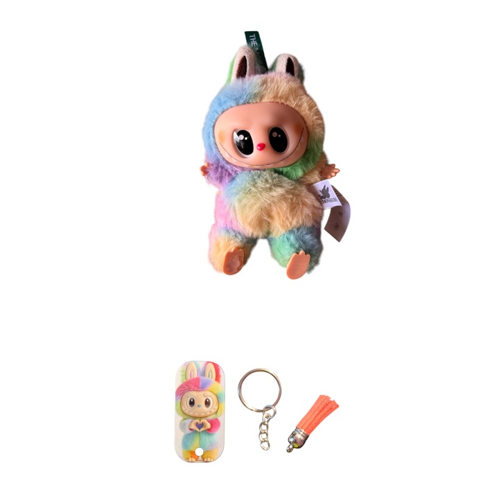 Pachet promo: Jucarie de plus Labubu Multicolor, 15 cm, Multicolor + Breloc Labubu