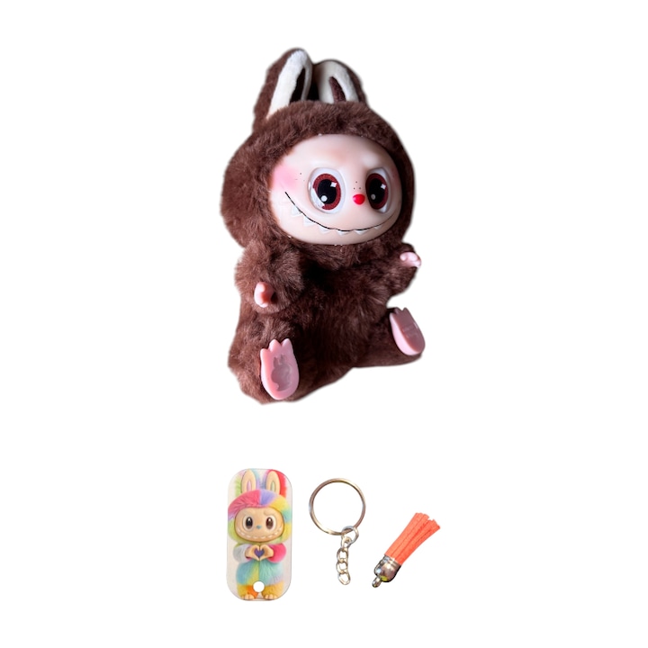 Pachet promo: Jucarie de plus LaBubu Maro, 15 cm, Maro + Breloc Labubu