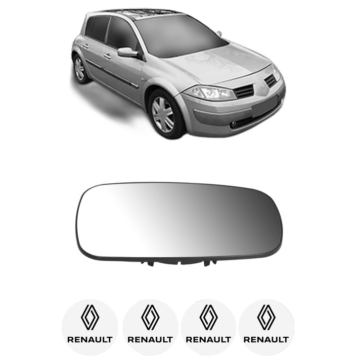 Sticla oglinda exterioara Dreapta RENAULT MEGANE II Hatchback Van (KM0/2_) din 2003 - 2008, auto, fara incalzire, Cri-Flo, 4 stickere auto RENAULT