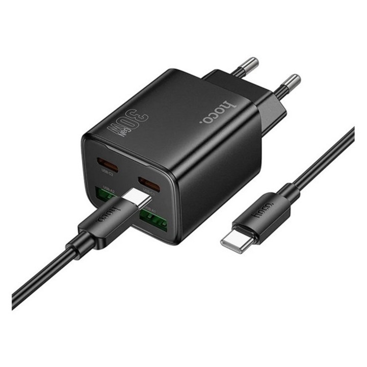 Hoco n52 hálózati töltő usb+type-c aljzat, 20w, pd gyorstöltő 3.0 + lightning kábel, fekete