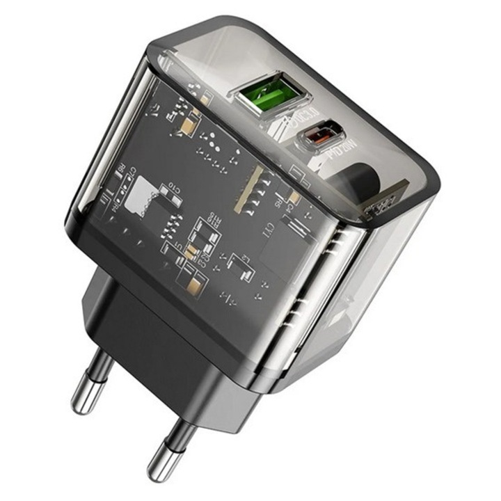 Hoco n34 hálózati töltő usb+type-c aljzat, 20w, pd gyorstöltő 3.0, fekete