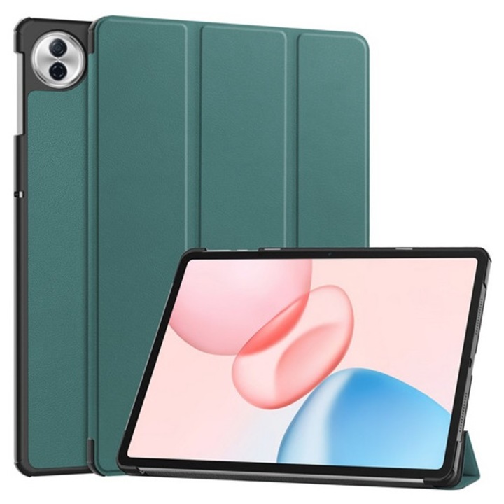 Gigapack tabletvédő álló, bőr hatású, aktív flip, oldalra nyíló, trifold, asztali tartó, sötétzöld, kompatibilis: Honor Pad 10 WIFI / Pad 10 5G