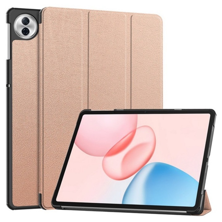 Gigapack tabletvédő álló, bőr hatású, aktív flip, oldalra nyíló, trifold, asztali tartó, rozéarany, kompatibilis: Honor Pad 10 WIFI / Pad 10 5G