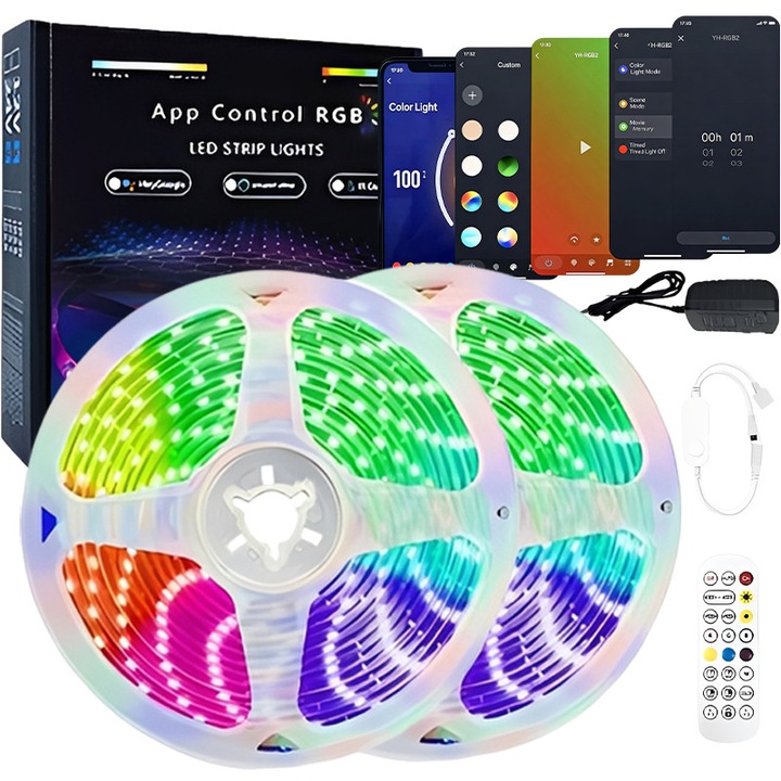 Kit Banda LED EvoSmart™ 5050 RGB, WIFI, IP20 Interior, Control Din Telefon Prin Internet, Tuya App, Telecomanda 24 Taste, RGB 16 Milioane Culori, 20 metri Set (2x10m), 18 LED/m, Schimbare Culori Pe Ritmul Muzicii, Pentru Dormitor, Living, Decor Uniune
