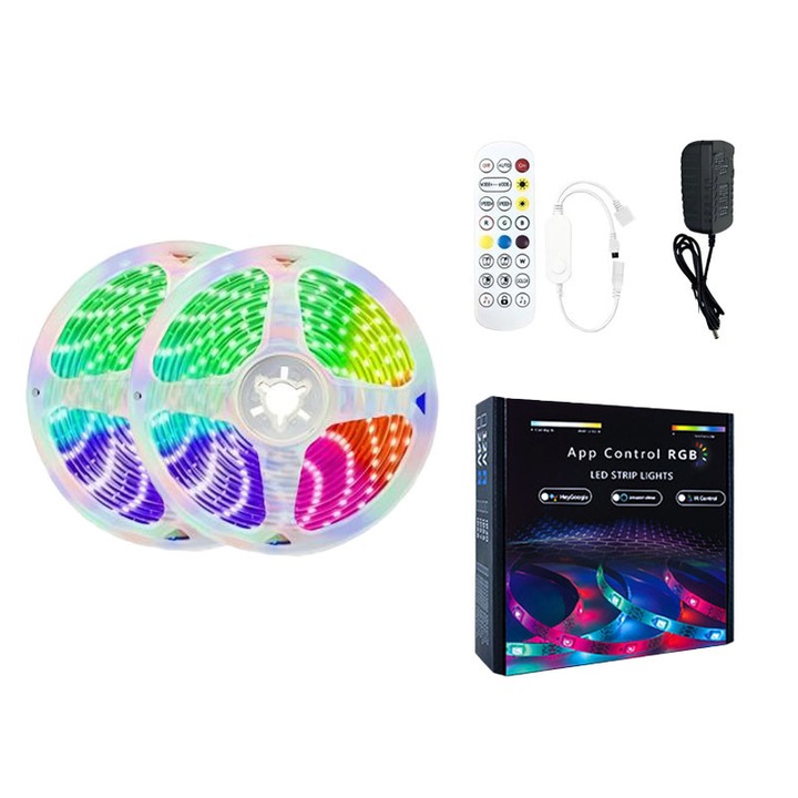Kit Banda LED EvoSmart™ 5050 RGB, WIFI, IP20 Interior, Control Din Telefon Prin Internet, Tuya App, Telecomanda 24 Taste, RGB 16 Milioane Culori, 20 metri Set (2x10m), 18 LED/m, Schimbare Culori Pe Ritmul Muzicii, Pentru Dormitor, Living, Decor Uniune