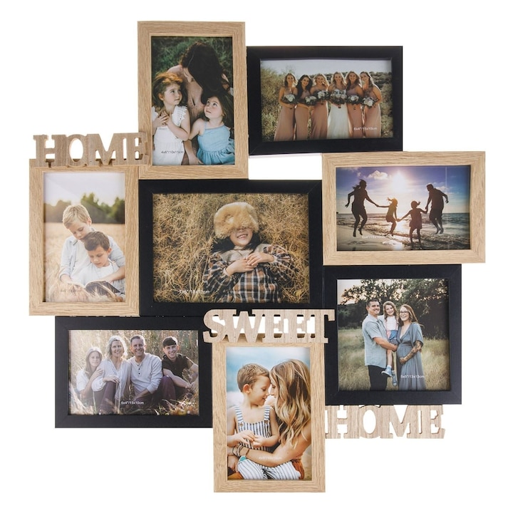 Tablou Colaj Foto 8 Rame Home Sweet Home Negru Lemn 49x51x3cm Suport Poze Perete