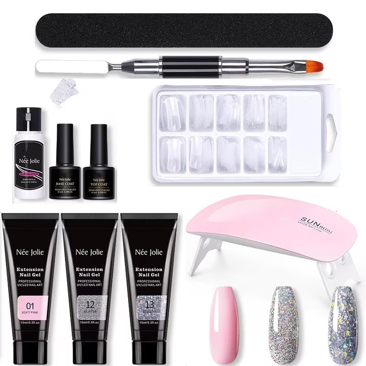 Set profesional de manichiura cu gel de cristal - Kit complet de extensie a unghiilor 11 piese, include lampa UV LED, 100 tipuri de unghii false, gel constructor 15ml, sclipici.Ideal pentru acasa, sufragerie, uz personal sau profesional.Rezistenta de lung