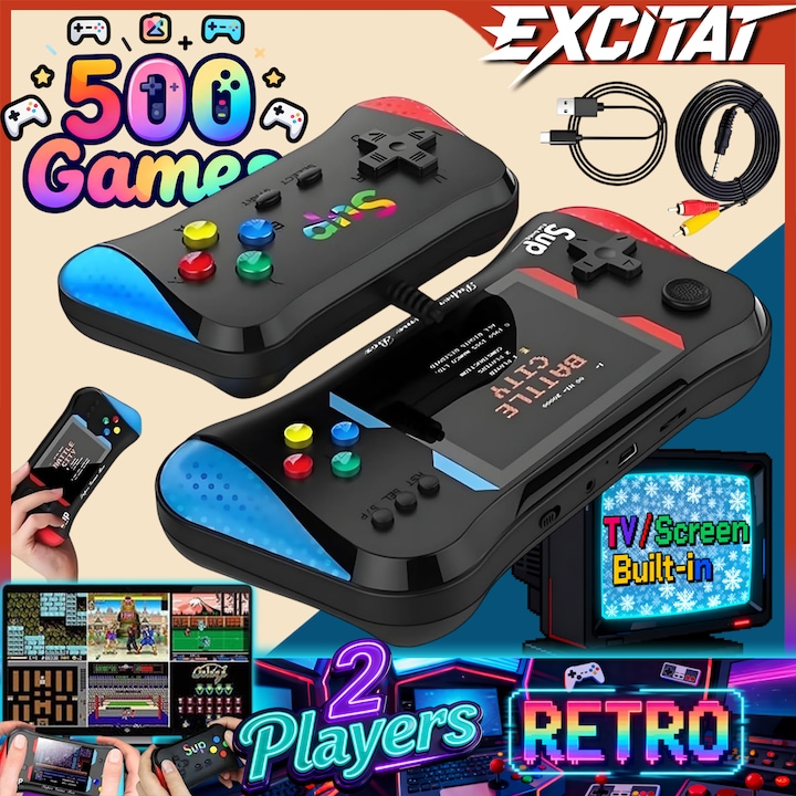 Consola Retro Portabila X7M, Excitat®, 500 jocuri, ecran 3.5 inch, baterie 1200mAh, conectare la TV, suporta 2 jucatori cu controller inclus, ideala acasa sau in aer liber, Rosu-Albastru