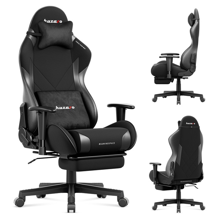 Scaun gaming Premium, Huzaro, Force 5.7, suport picioare, Rabatabil 155°, perna pentru gat, reglare inaltime, cotiere ergonomice 2D, perna lombara, certificat SGS, pana la 136 kg, structura din otel, negru