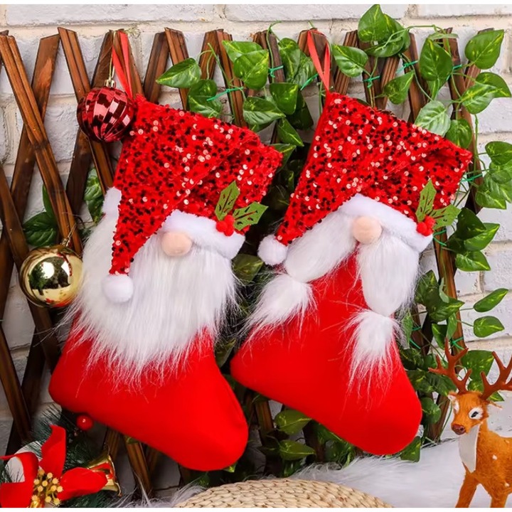 Set 2 Ciorapi de Craciun, Decoratiuni pentru Semineu, Vitrine, Brad, Domnul si Doamna Craciun, 37 x 24 cm, Rosu si Alb, Ciorapi pentru Cadouri, AlisVas-store