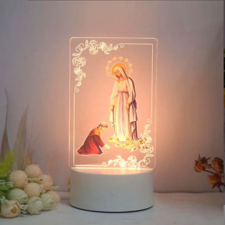 Lampa LED Decorativa, cu Efect 3D, Icoana Luminoasa, Motive Religioase, Crestinesti, Lumina de Noapte, din Acril, Alimentare USB, Lumina Alb Cald, Model Maica Domnului Binefacatoare, AlisVas-store