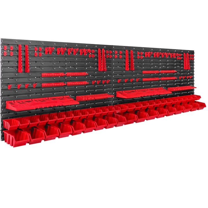 Organizator de unelte Pepita, perete, 86 suporturi, 46 cutii, 230, 4x78cm, negru-rosu