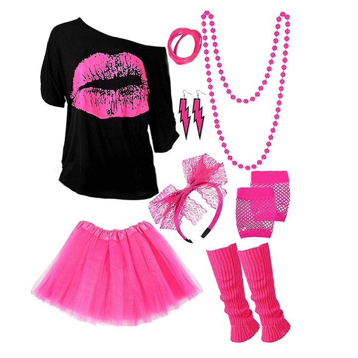 Costum anii 80 pentru femei, set complet, tricou cu imprimeu, 3XL