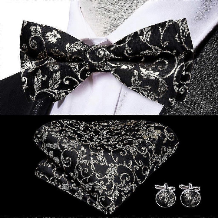 Papion barbati, set cu batista si butoni, floral, rosu-negru, dimensiune unica