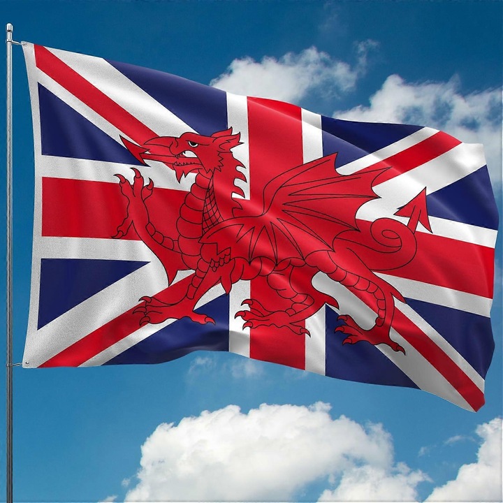 Steag 100% Poliester, Steag Welsh cu Union Jack, Dragonul din Wales, 2 ochiuri, 2x3FT, 2.5x4FT, 3x5FT, 4x7FT