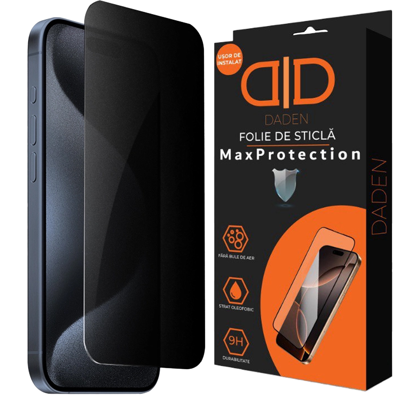 Folie Sticla Privacy pentru iPhone 17 Pro Max Daden MaxProtection, Full Cover, Protectie Profesionala, Ultra Rezistenta, Calitate Premium, Margini negre