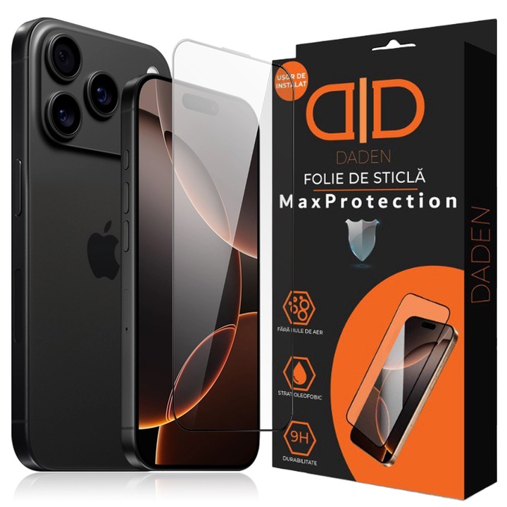 Стъклен протектор за iPhone 17 Pro Daden MaxProtection, Цялостно покритие, Професионална защита, Ултра устойчив, Премиум качество, Черни ръбове