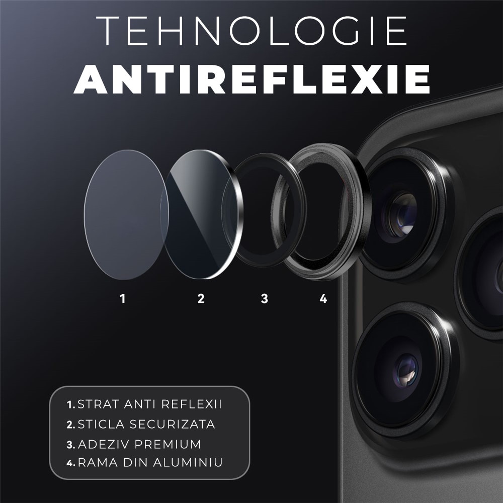 Folie Camera din sticla pentru iPhone 17 Pro, Full Cover, Protectie Profesionala, Daden, Ultra Rezistenta, Calitate Premium, Black Titanium