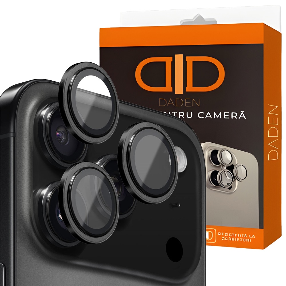 Folie Camera din sticla pentru iPhone 17 Pro, Full Cover, Protectie Profesionala, Daden, Ultra Rezistenta, Calitate Premium, Black Titanium