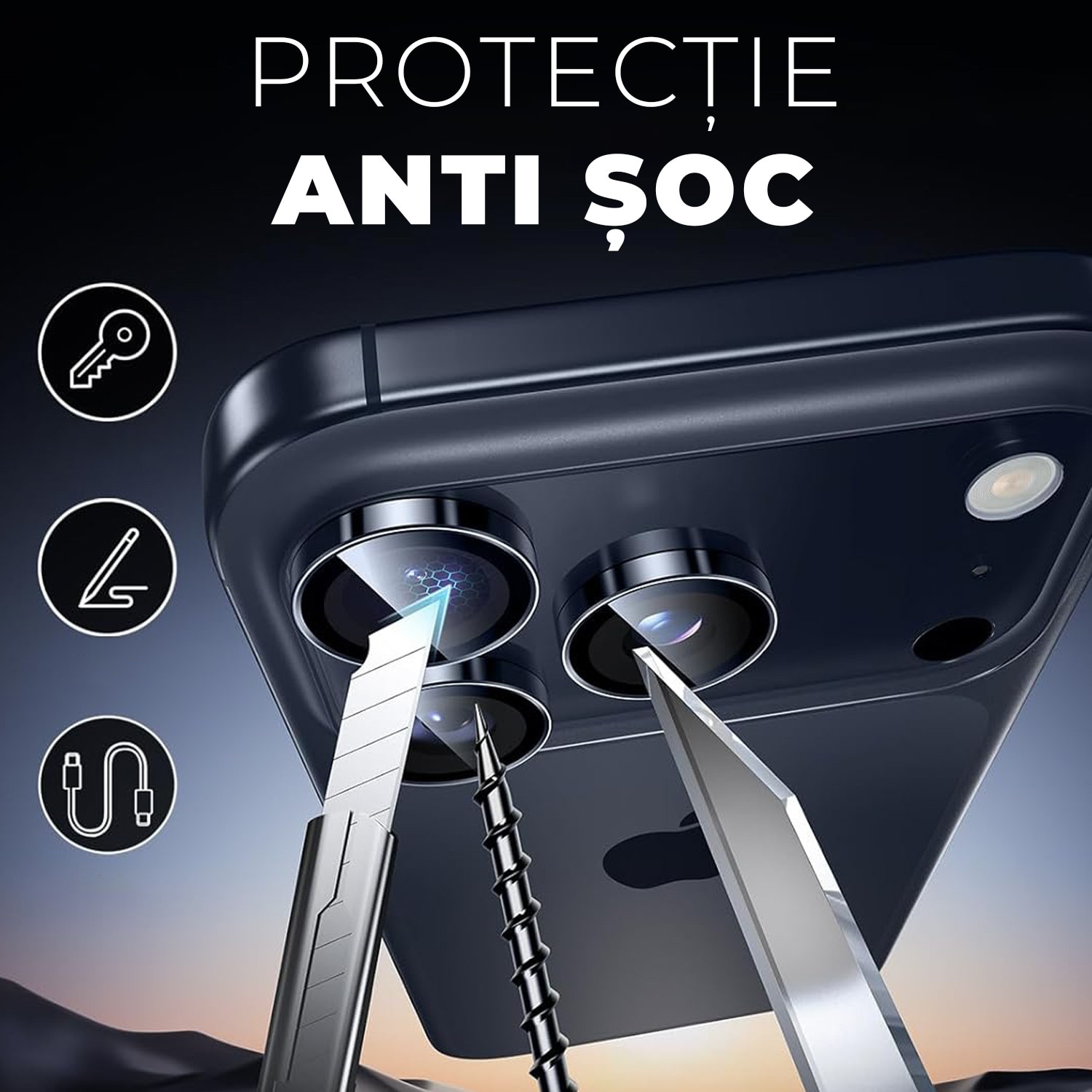 Folie Camera din sticla pentru iPhone 17 Pro, Full Cover, Protectie Profesionala, Daden, Ultra Rezistenta, Calitate Premium, Albastru