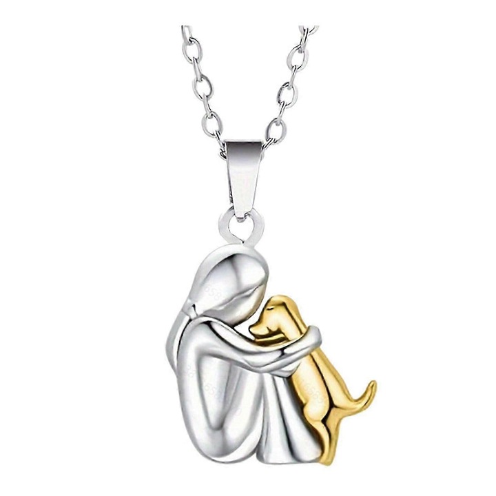 Cercei si Colier Pandantiv Fetita cu Caine, Bijuterii din aliaj de zinc, 45+5cm, 1.5x1.7cm