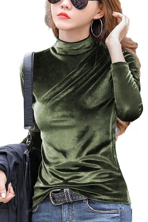 Bluza catifelata, guler pe gat, maneci lungi, Verde