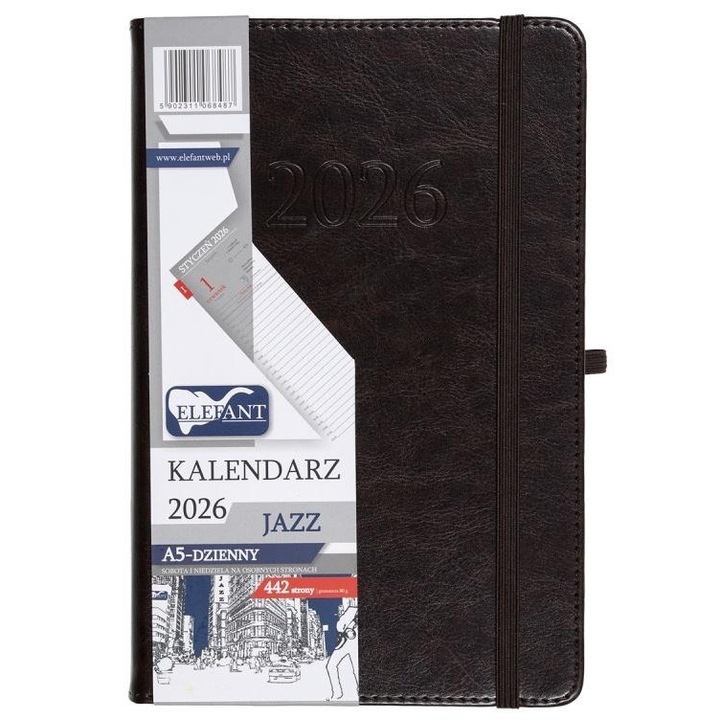 Agenda A5 Element 2026, format zilnic, 442 pagini, coperta tare, culoare ciocolata