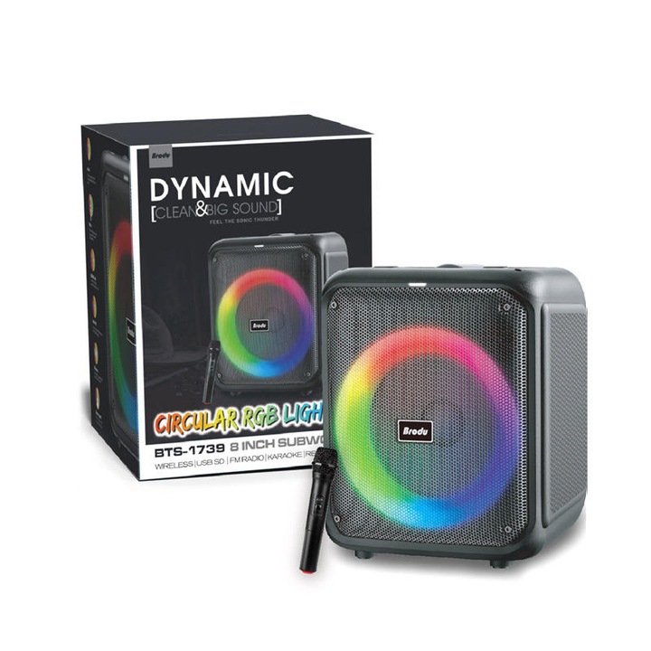 Bluetooth колонка Brodu BTS-1739 8-инчова, с RGB осветление, микрофон, USB/FM/Караоке и мулти-режимен субуфер