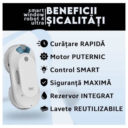 Robot autonom de curatare geamuri iHunt Smart Window Robot 4 Ultra, 72W, Wi-Fi, Pulverizator Apa, Acumulator, Viteza imbunatatita, Rezervor 65ml, Protectie anti-cadere, Telecomanda, Aplicatie Control Android / iOS, White