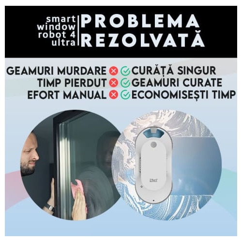 Robot autonom de curatare geamuri iHunt Smart Window Robot 4 Ultra, 72W, Wi-Fi, Pulverizator Apa, Acumulator, Viteza imbunatatita, Rezervor 65ml, Protectie anti-cadere, Telecomanda, Aplicatie Control Android / iOS, White