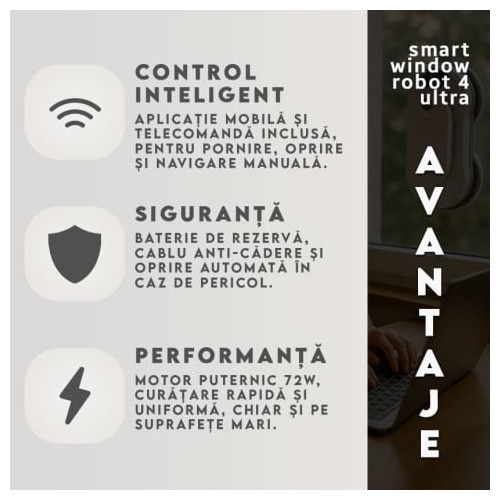 Robot autonom de curatare geamuri iHunt Smart Window Robot 4 Ultra, 72W, Wi-Fi, Pulverizator Apa, Acumulator, Viteza imbunatatita, Rezervor 65ml, Protectie anti-cadere, Telecomanda, Aplicatie Control Android / iOS, White