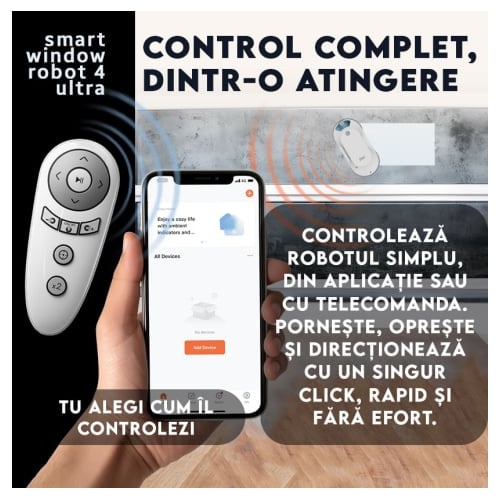 Robot autonom de curatare geamuri iHunt Smart Window Robot 4 Ultra, 72W, Wi-Fi, Pulverizator Apa, Acumulator, Viteza imbunatatita, Rezervor 65ml, Protectie anti-cadere, Telecomanda, Aplicatie Control Android / iOS, White