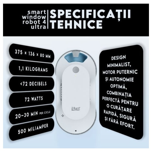 Robot autonom de curatare geamuri iHunt Smart Window Robot 4 Ultra, 72W, Wi-Fi, Pulverizator Apa, Acumulator, Viteza imbunatatita, Rezervor 65ml, Protectie anti-cadere, Telecomanda, Aplicatie Control Android / iOS, White