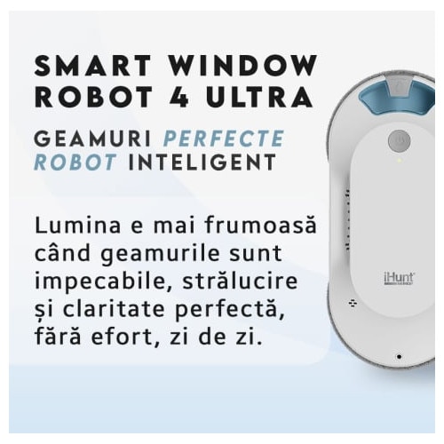 Robot autonom de curatare geamuri iHunt Smart Window Robot 4 Ultra, 72W, Wi-Fi, Pulverizator Apa, Acumulator, Viteza imbunatatita, Rezervor 65ml, Protectie anti-cadere, Telecomanda, Aplicatie Control Android / iOS, White