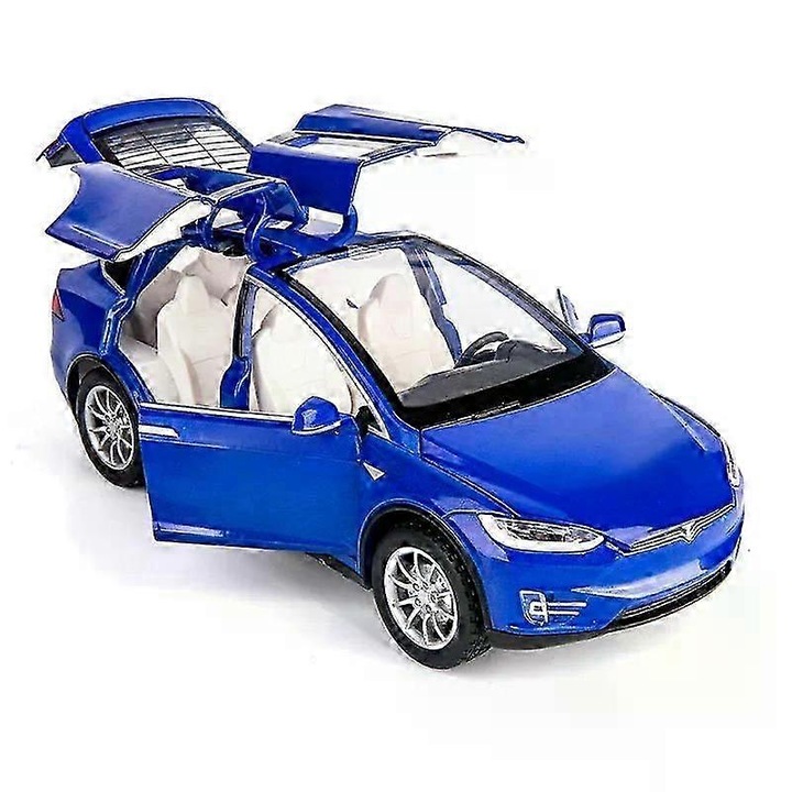Tesla Model X modellautó, ötvözetből, 1:24-es méretarányú, visszahúzós funkcióval, hanggal és fénnyel, kék