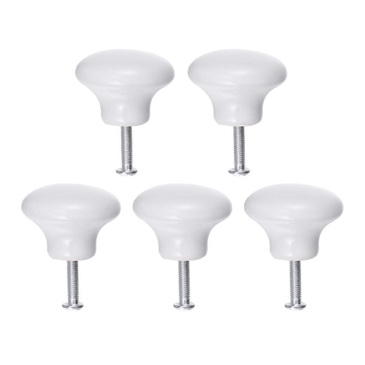 Set 5 manere rotunde pentru usi, dimensiune 3x2 cm, ceramica, alb