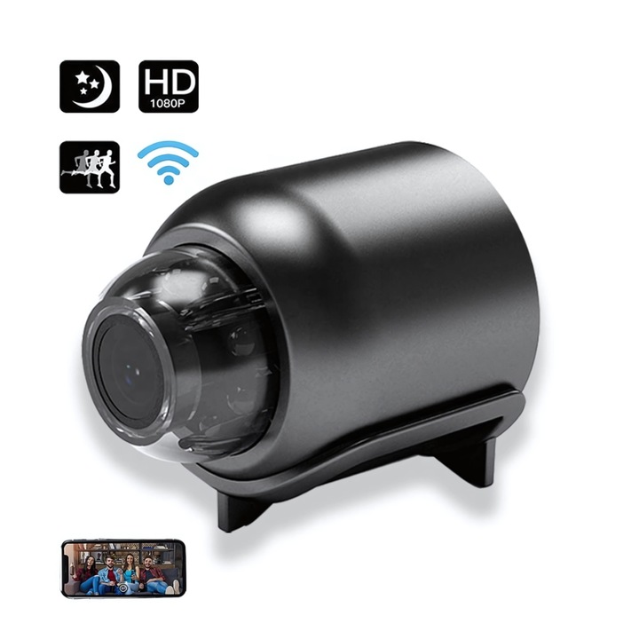 WiFi kémkamera TECHNOVICI HD 1080P, Mozgásérzékelés, Éjjellátó, 64GB MicroSD, 120°-os látószög, Diszkrét fekete kivitel