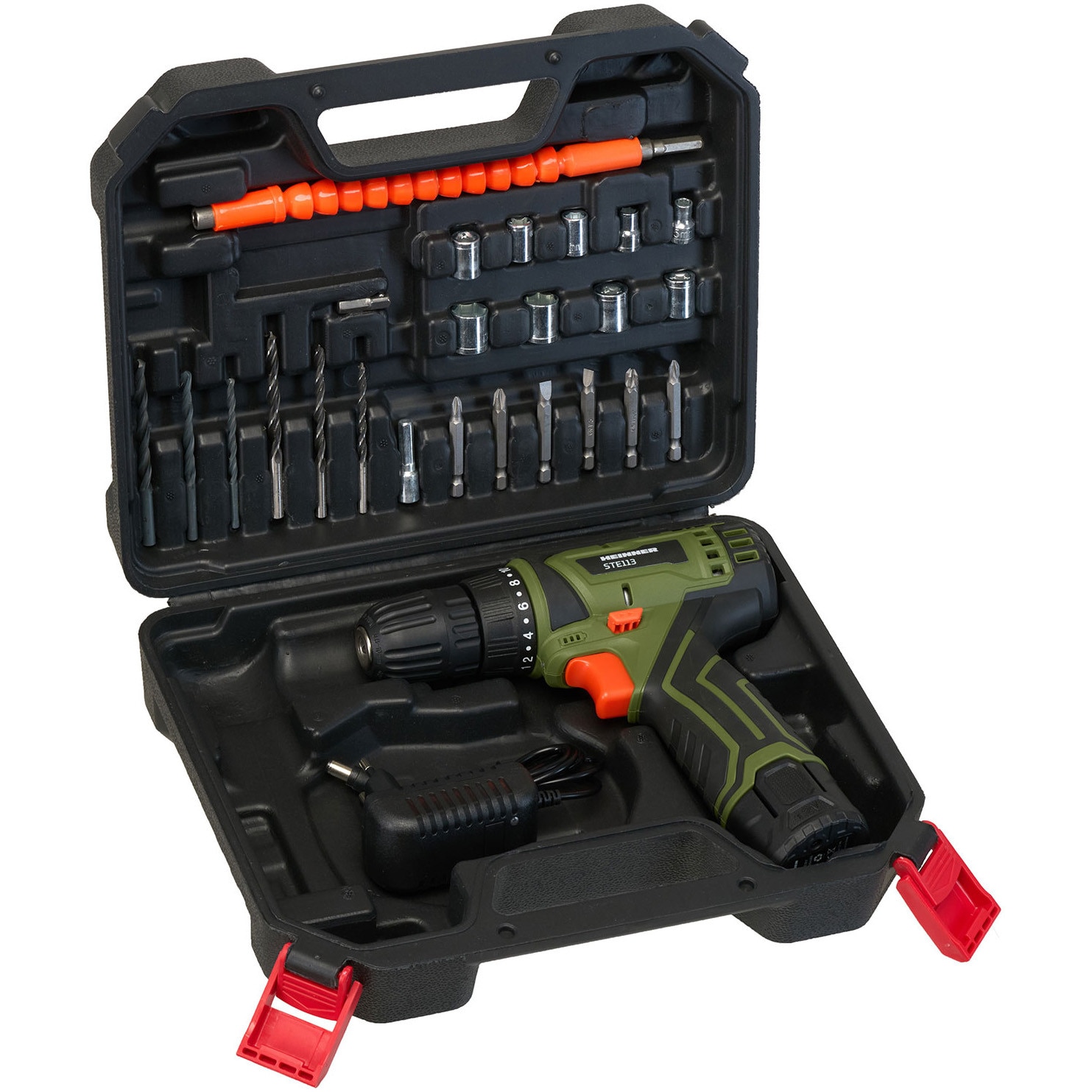 Masina de gaurit Heinner STE113, 12 V Li-Ion, 1500 mAh, 40 Nm, 2 trepte, 0-380/0-1450 rpm, mandrina 10 mm (3/8''), accesorii incluse