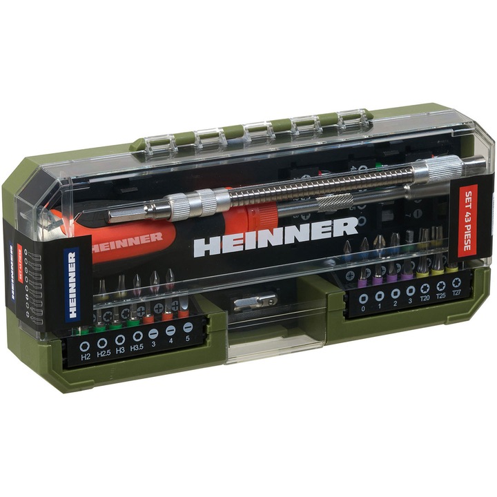 Комплект от 43 аксесоара Heinner PCSS018, Отвертка с тресчотка, Накрайници, Гъвкаво удължение, Адаптер за накрайници