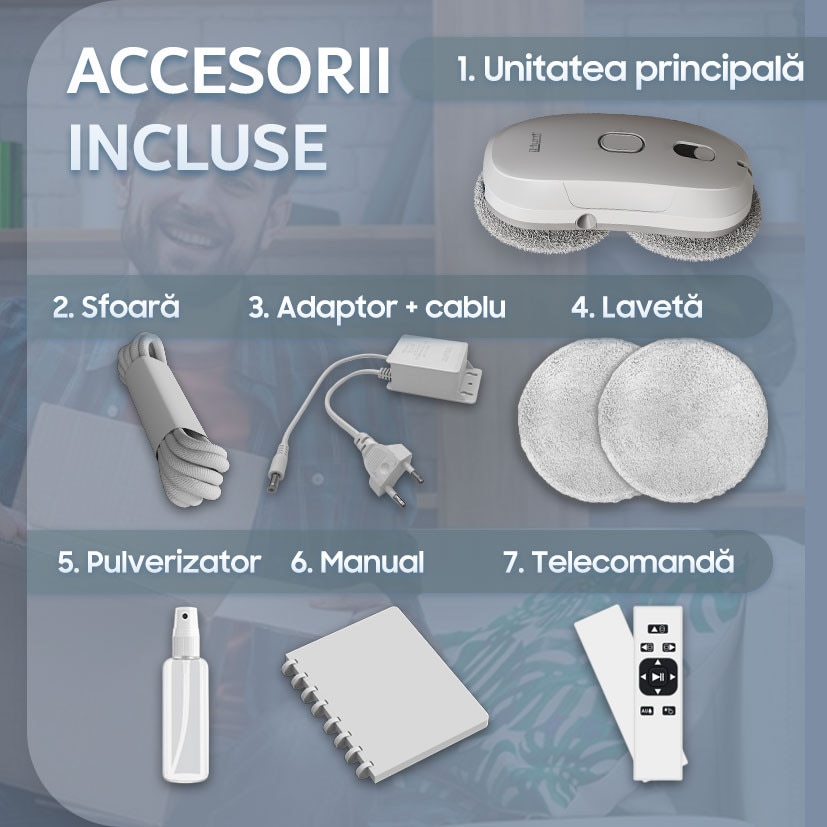 Robot autonom de curatare geamuri iHunt Smart Window Robot 3 Ultra, 72W, Pulverizator Apa, Acumulator, Viteza imbunatatita, Rezervor 65ml, Protectie anti-cadere, Control Telecomanda, White