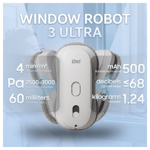 Robot autonom de curatare geamuri iHunt Smart Window Robot 3 Ultra, 72W, Pulverizator Apa, Acumulator, Viteza imbunatatita, Rezervor 65ml, Protectie anti-cadere, Control Telecomanda, White