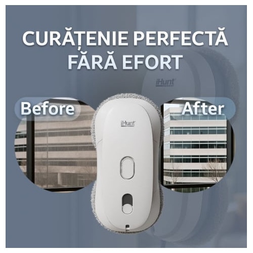 Robot autonom de curatare geamuri iHunt Smart Window Robot 3 Ultra, 72W, Pulverizator Apa, Acumulator, Viteza imbunatatita, Rezervor 65ml, Protectie anti-cadere, Control Telecomanda, White