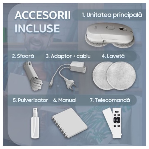 Robot autonom de curatare geamuri iHunt Smart Window Robot 3 Ultra, 72W, Pulverizator Apa, Acumulator, Viteza imbunatatita, Rezervor 65ml, Protectie anti-cadere, Control Telecomanda, White
